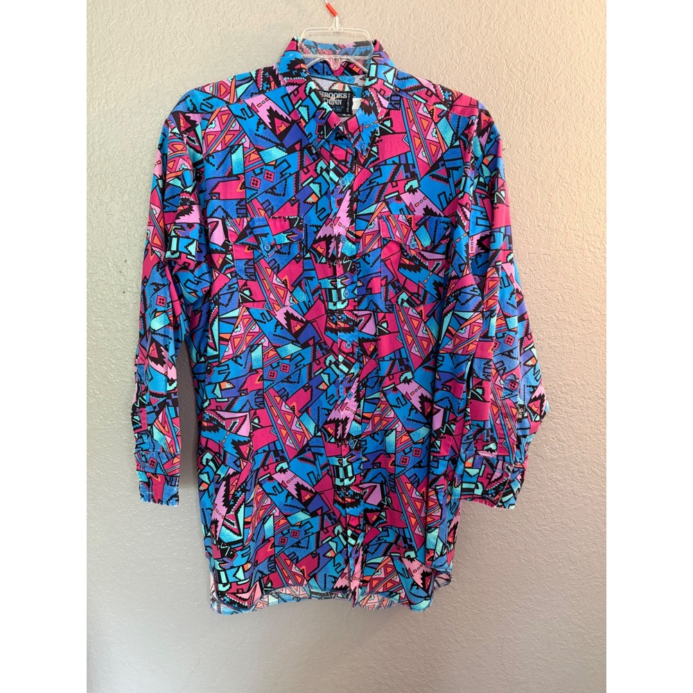 VTG Brooks & Dunn Panhandle Slim Shirt 18/35 Aztec Western Bright Blue Pink USA